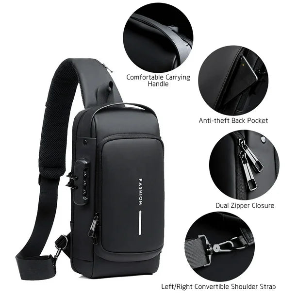 Men Anti Theft, USB Charging, Crossbody Short Travel Sling Bag Pack
