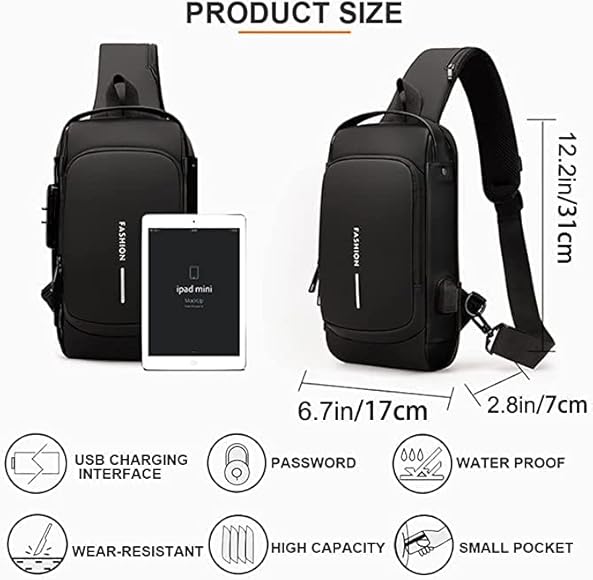Men Anti Theft, USB Charging, Crossbody Short Travel Sling Bag Pack