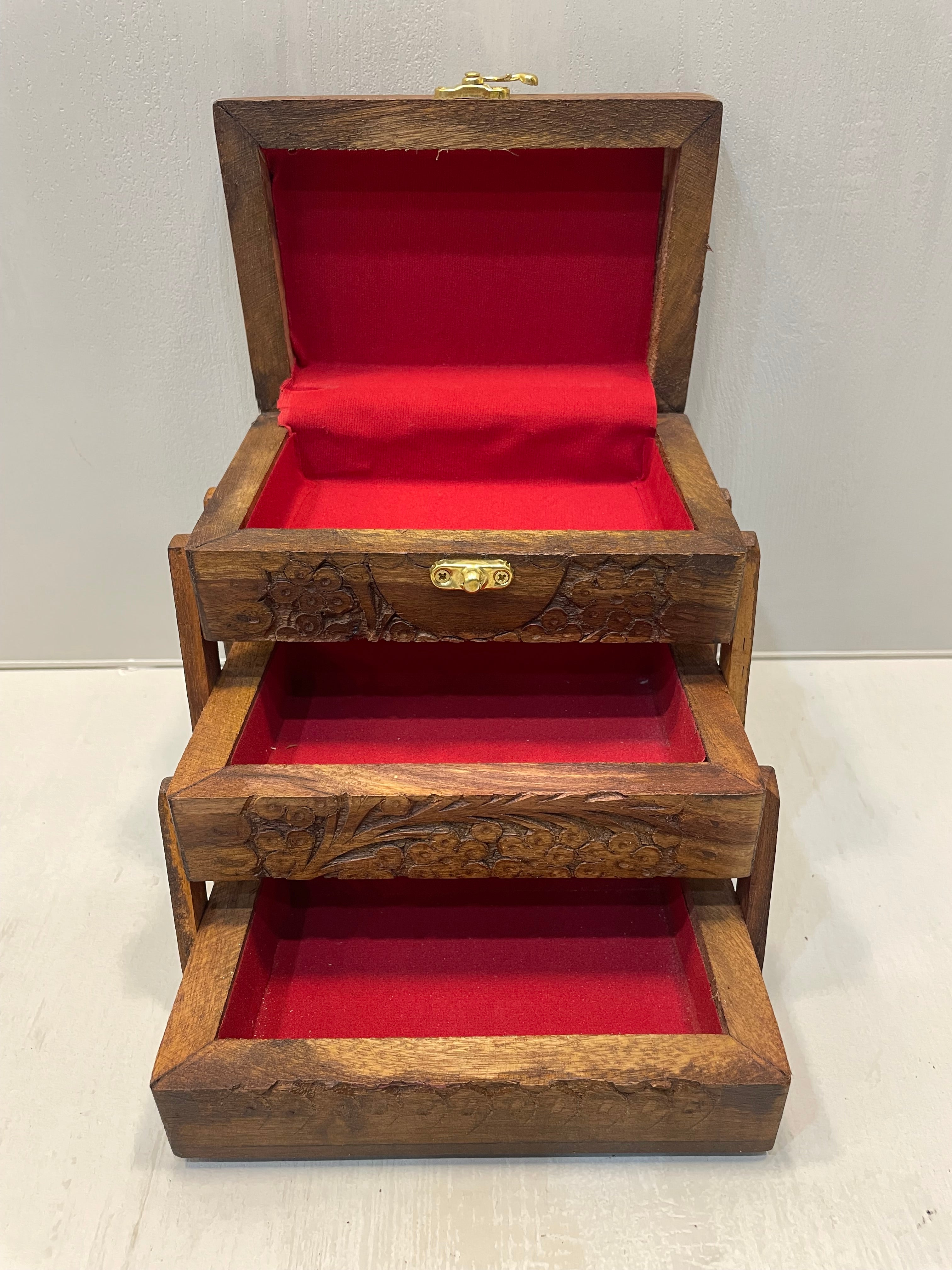 Handcarved 3 Shelves Wooden Jewelry Box