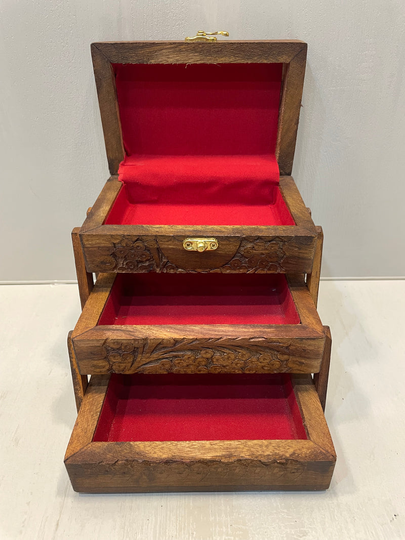 Handcarved 3 Shelves Wooden Jewelry Box