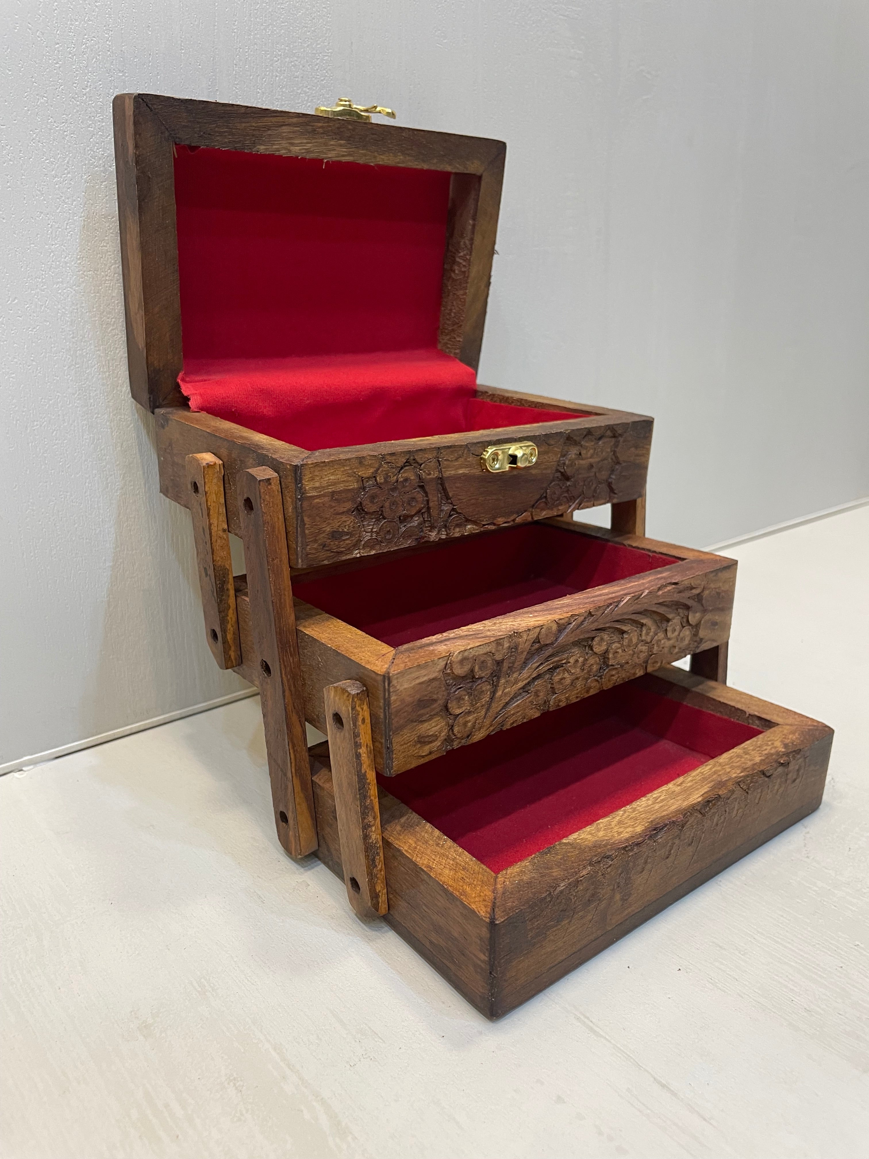 Handcarved 3 Shelves Wooden Jewelry Box