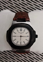 Patek Philippe Nautilus White Dial Leather Strap Watch for Men